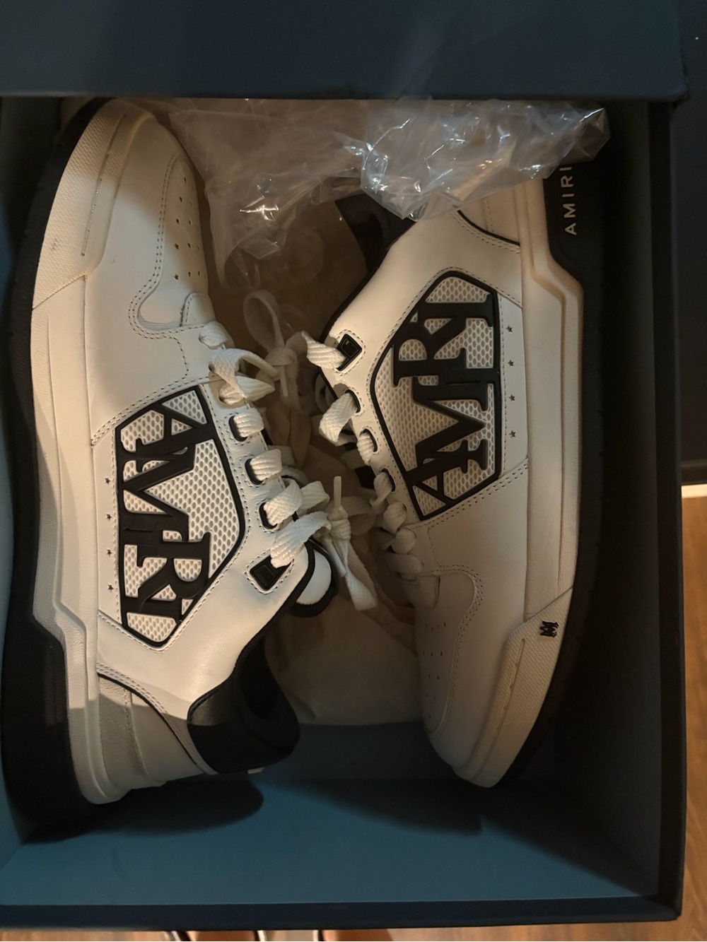 AMIRI White Leather Sneakers with Black Logo Panels